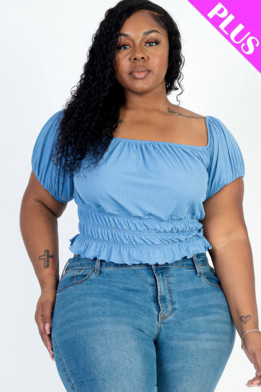 Plus size casual ruched puff sleeve ribbed knit solid top - Love it Curvy