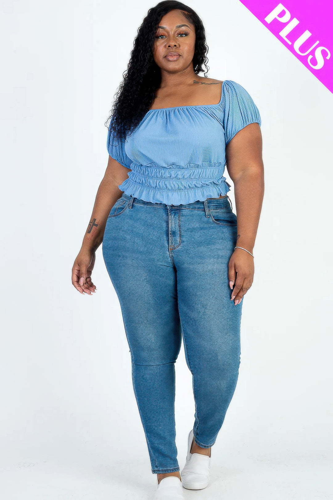 Plus size casual ruched puff sleeve ribbed knit solid top - Love it Curvy