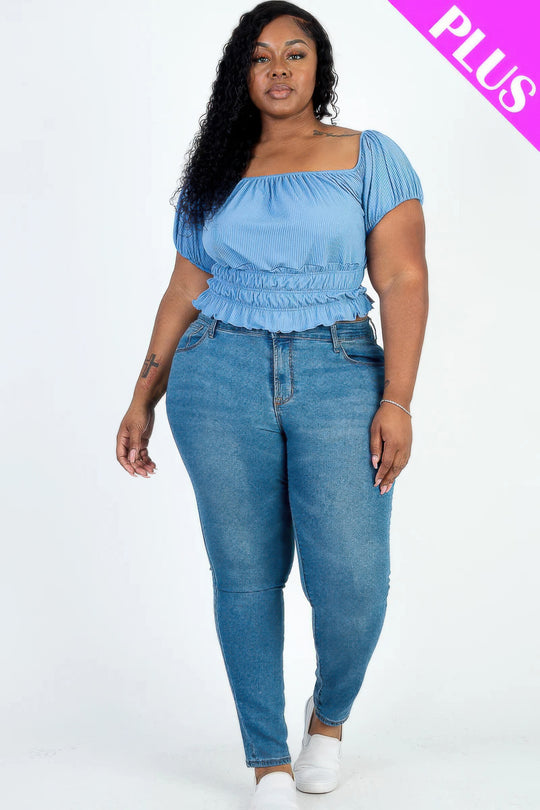 Plus size casual ruched puff sleeve ribbed knit solid top - Love it Curvy