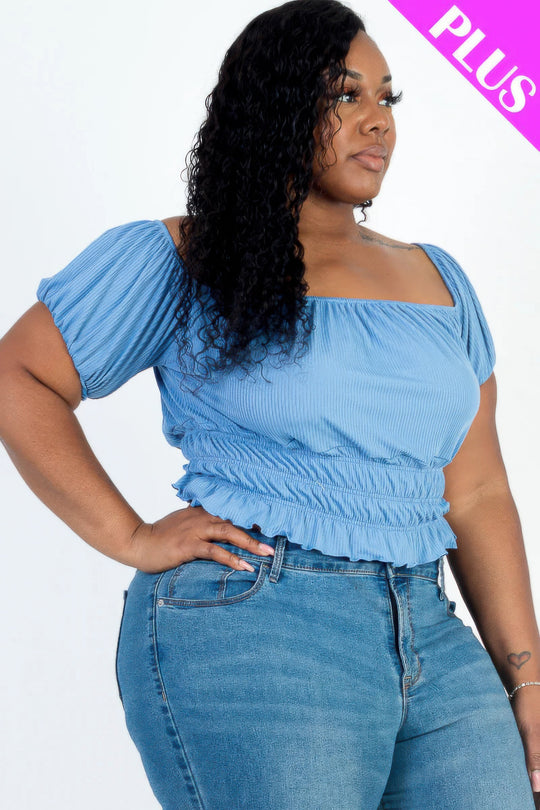 Plus size casual ruched puff sleeve ribbed knit solid top - Love it Curvy