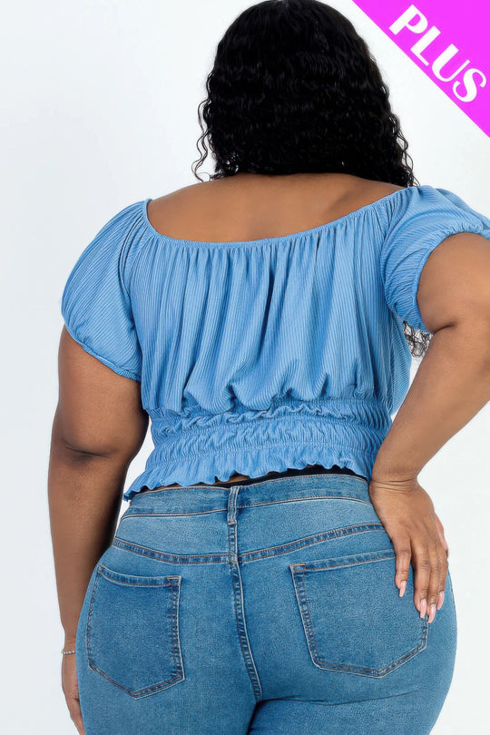 Plus size casual ruched puff sleeve ribbed knit solid top - Love it Curvy