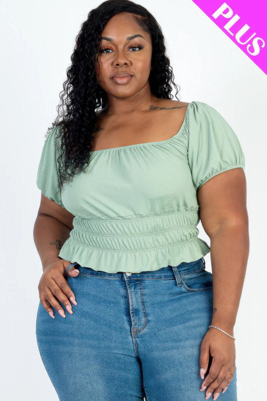 Plus size casual ruched puff sleeve ribbed knit solid top - Love it Curvy