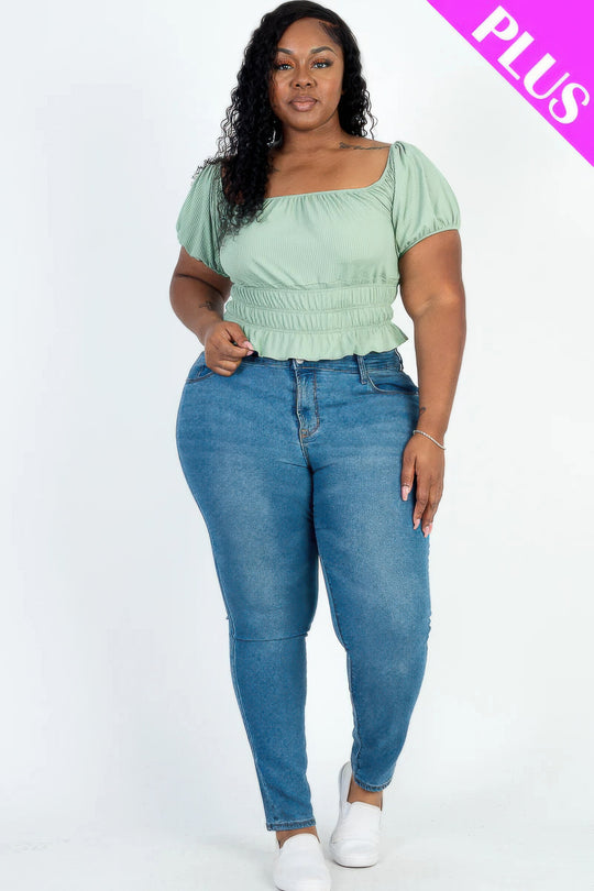 Plus size casual ruched puff sleeve ribbed knit solid top - Love it Curvy