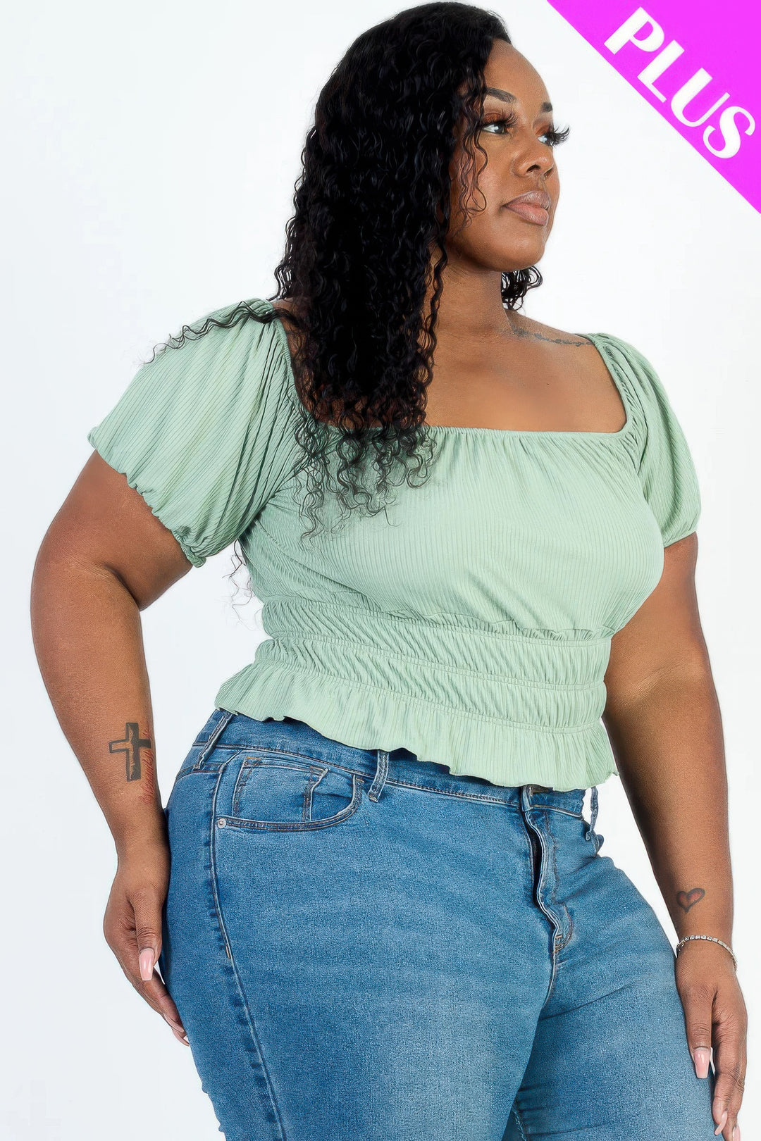 Plus size casual ruched puff sleeve ribbed knit solid top - Love it Curvy