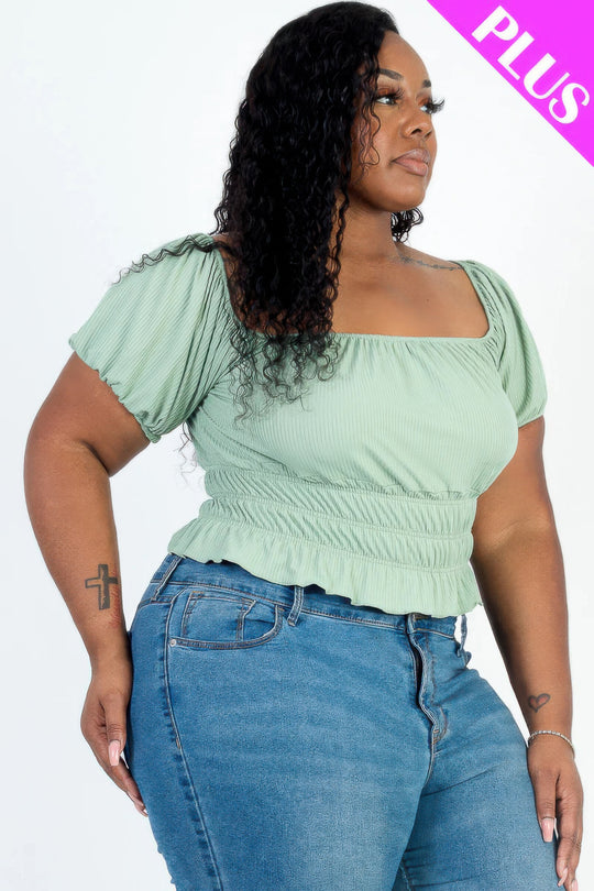 Plus size casual ruched puff sleeve ribbed knit solid top - Love it Curvy