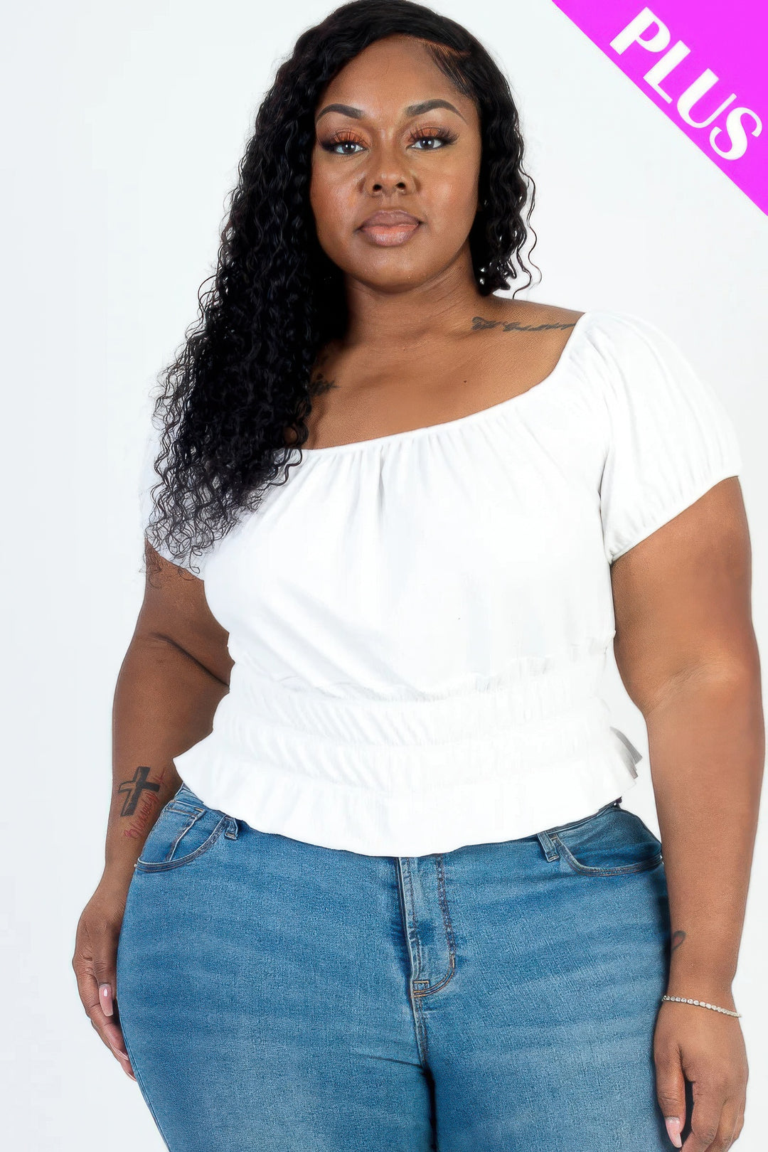 Plus size casual ruched puff sleeve ribbed knit solid top - Love it Curvy
