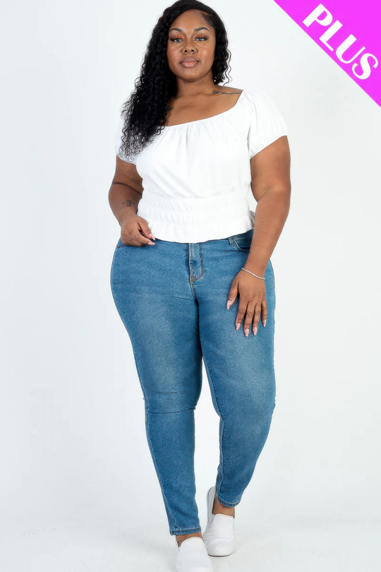 Plus size casual ruched puff sleeve ribbed knit solid top - Love it Curvy