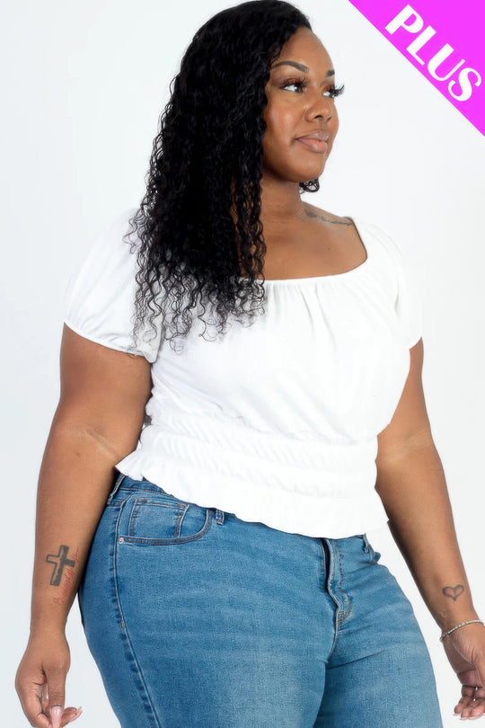 Plus size casual ruched puff sleeve ribbed knit solid top - Love it Curvy