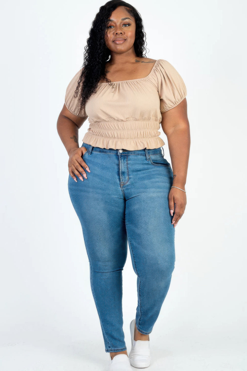 Plus size casual ruched puff sleeve ribbed knit solid top - Love it Curvy