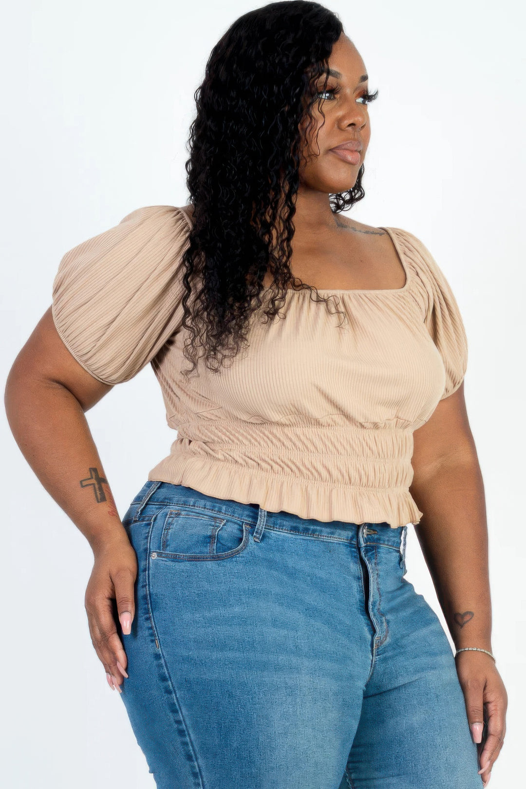 Plus size casual ruched puff sleeve ribbed knit solid top - Love it Curvy
