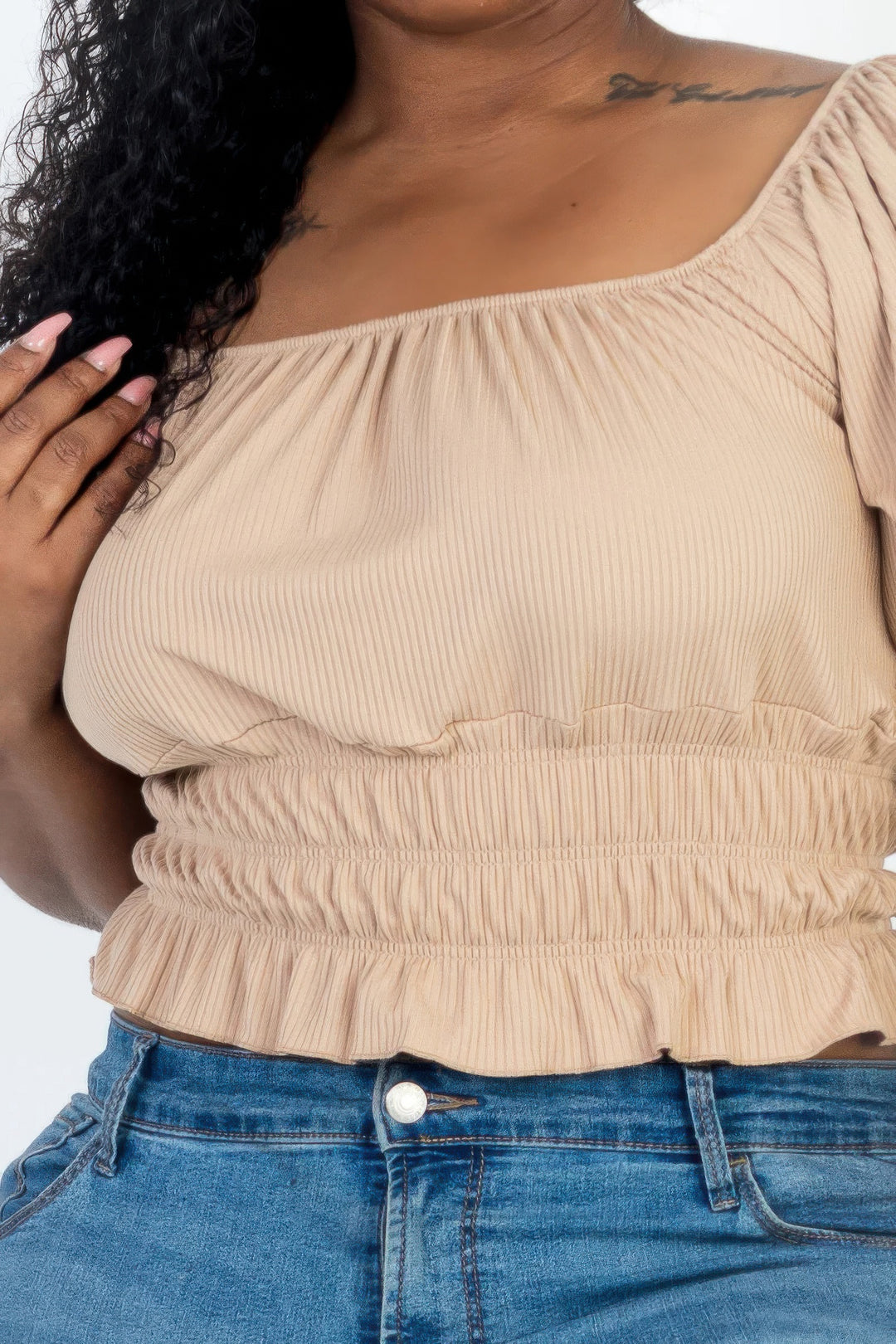Plus size casual ruched puff sleeve ribbed knit solid top - Love it Curvy