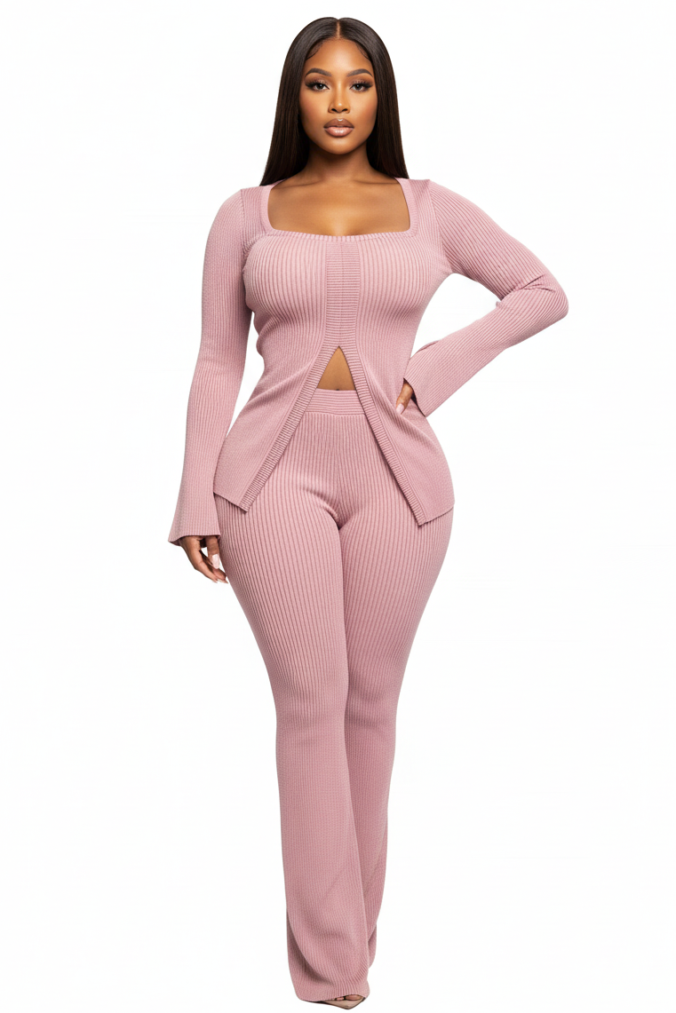 Plus Size Ribbed Pant Set With Slit Detail