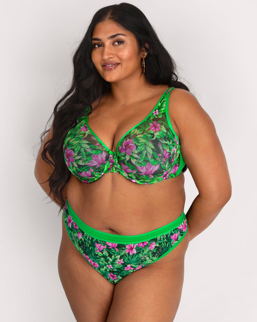 Sheer Mesh High Cut Thong - Lush Tropics