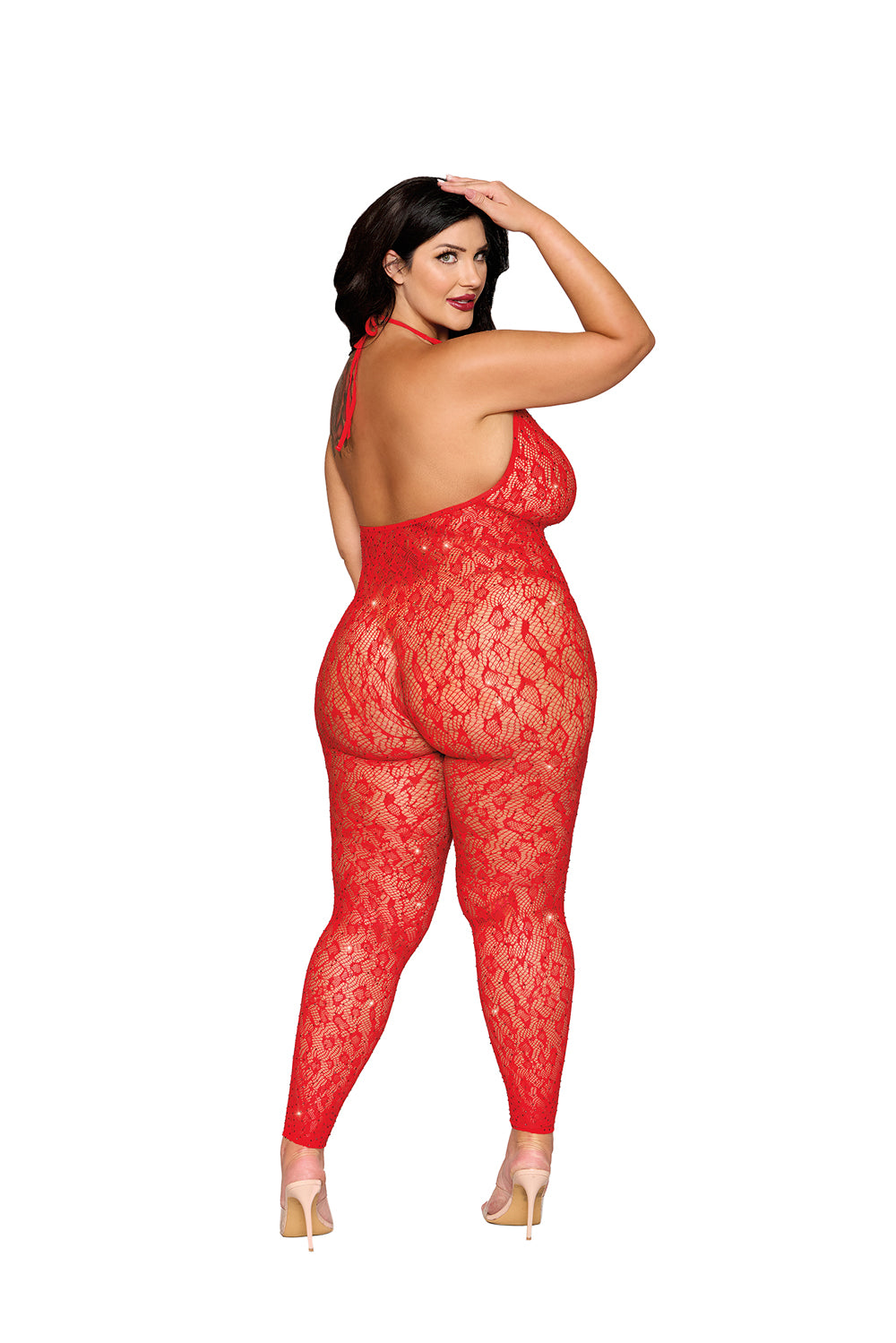 Rhinestone Bodystocking Dmnd - Queen Size - Poinsettia - Love it Curvy