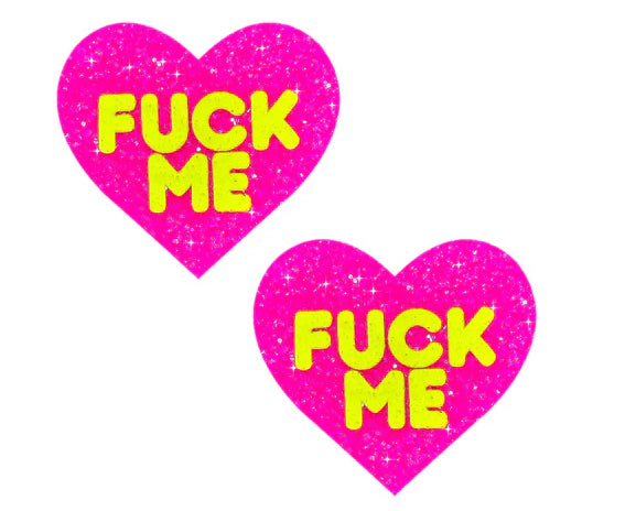 F*Ck Me Blacklight Neon Super Sparkle Nipple Cover Pasties Pink Glitter - Love it Curvy