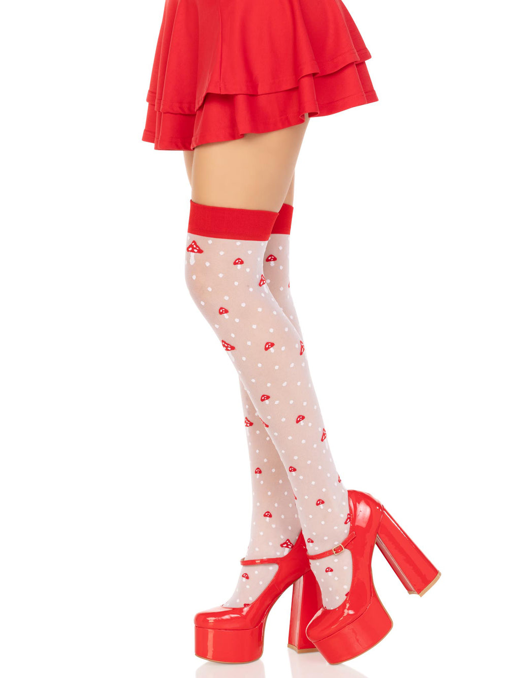Polka Dot Mushroom Thigh High - One Size - White/red - Love it Curvy