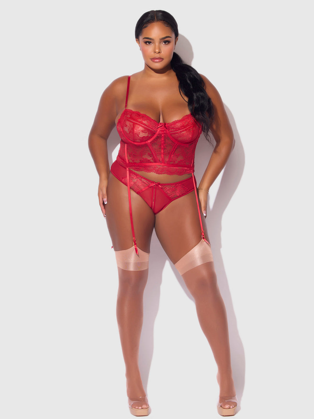 Harlow Lace &amp; Mesh Bustier &amp; Backless Hipster Set from Love It Curvy