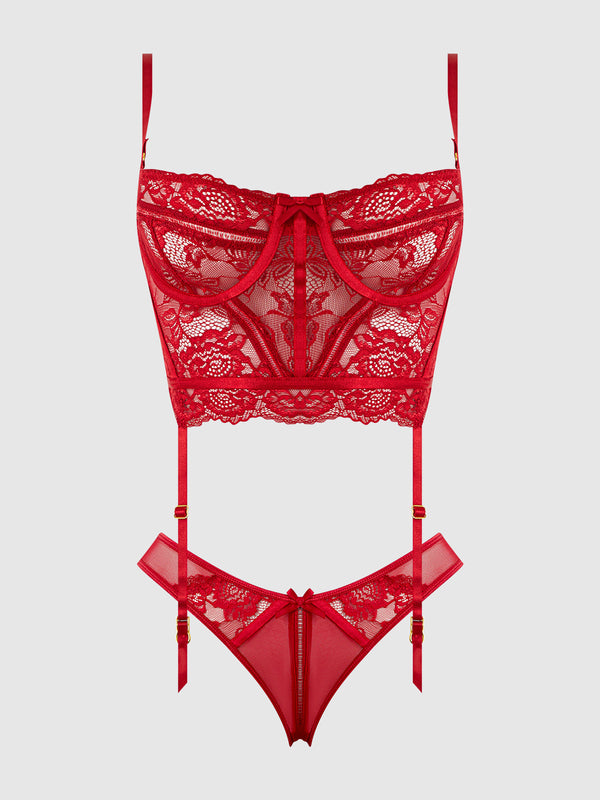 Harlow Lace & Mesh Bustier & Backless Hipster Set from Love It Curvy