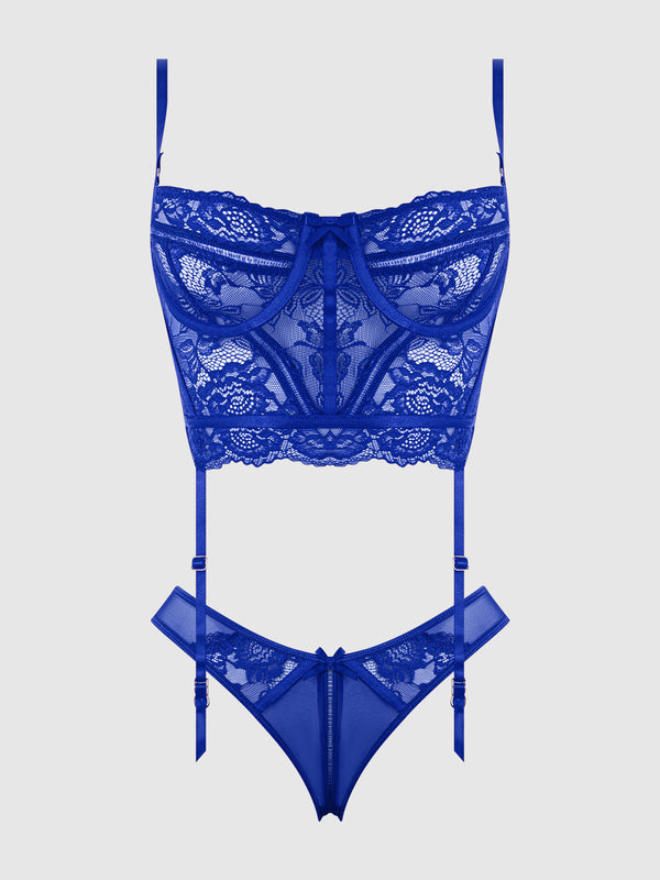Harlow Lace & Mesh Bustier & Backless Hipster Set from Love It Curvy