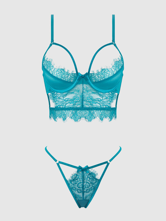 Mila Eyelash Lace Strappy Longline Bra & Tanga Set from Love It Curvy