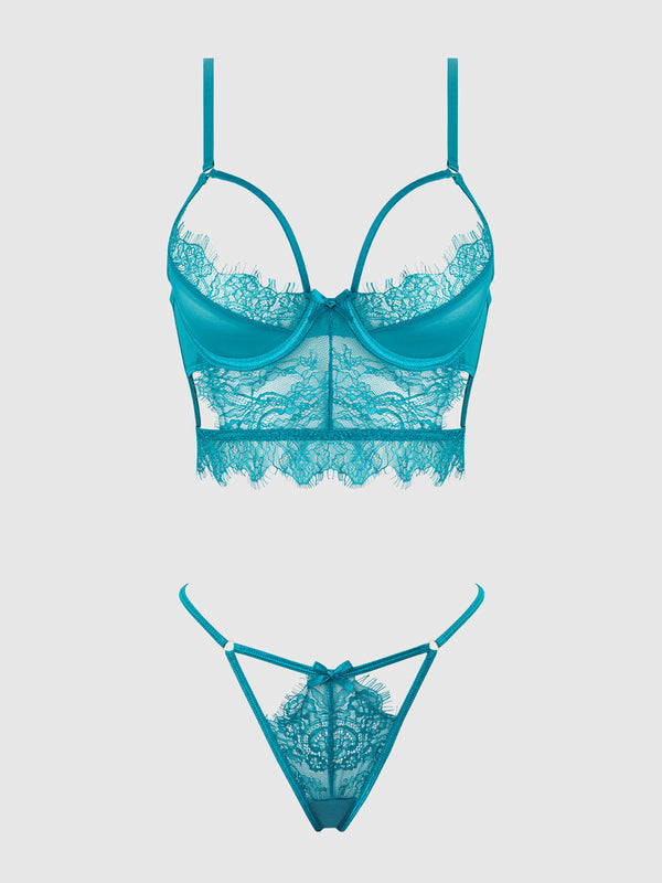 Mila Eyelash Lace Strappy Longline Bra & Tanga Set from Love It Curvy