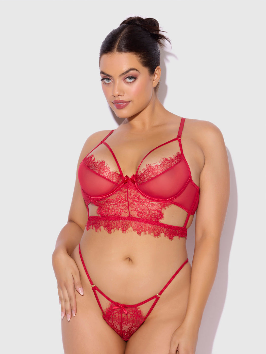 Mila Eyelash Lace Strappy Longline Bra &amp; Tanga Set from Love It Curvy