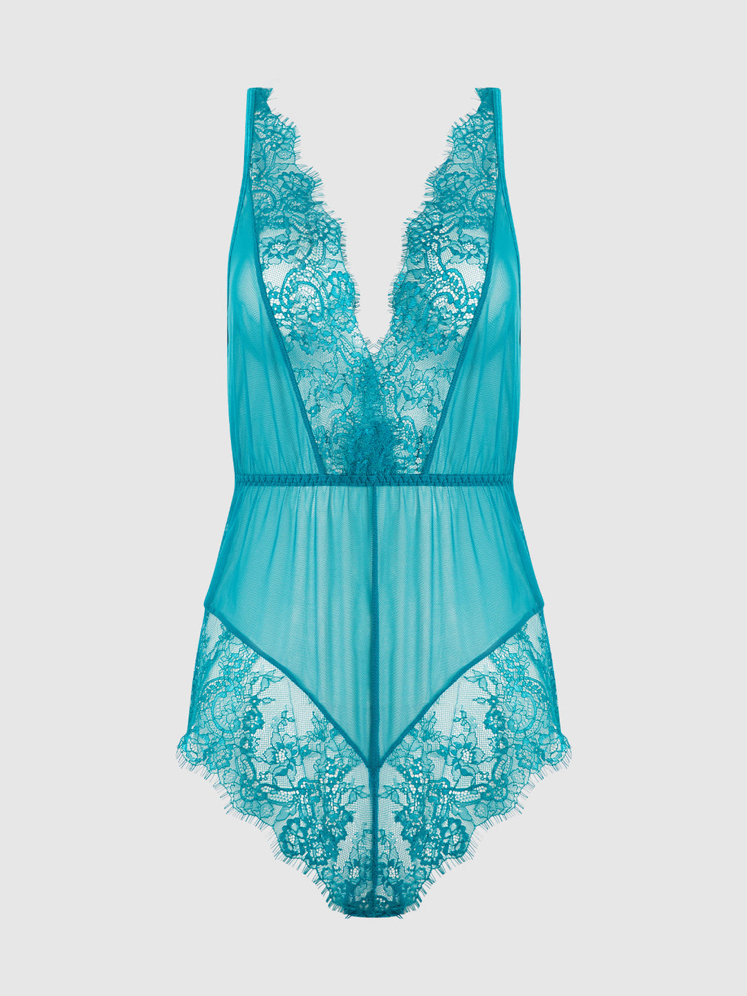 Mila Mesh &amp; Eyelash Lace High Slit Romper Teddy from Love It Curvy