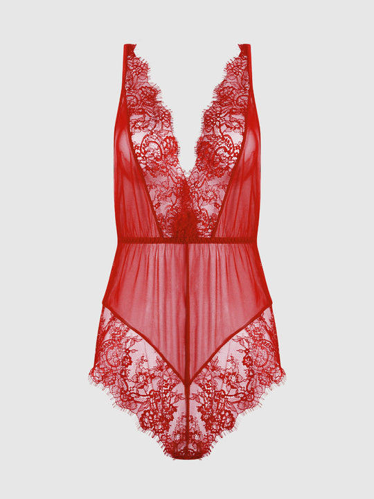 Mila Mesh & Eyelash Lace High Slit Romper Teddy from Love It Curvy