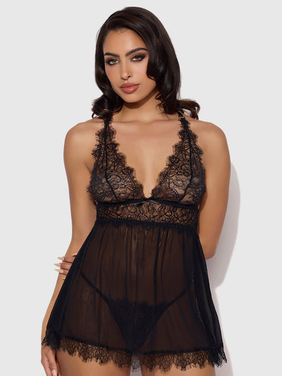 Mila Eyelash Lace & Mesh Babydoll & G-String Set | Love It Curvy