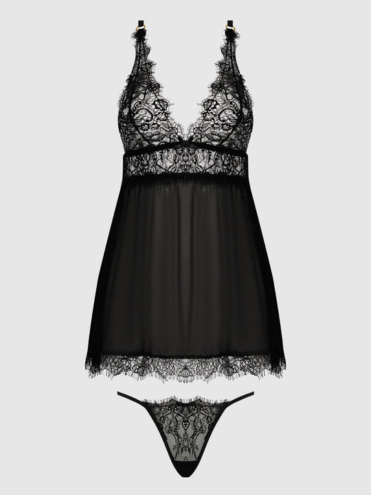 Mila Eyelash Lace & Mesh Babydoll & G-String Set from Love It Curvy