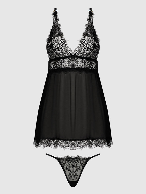 Mila Eyelash Lace & Mesh Babydoll & G-String Set from Love It Curvy