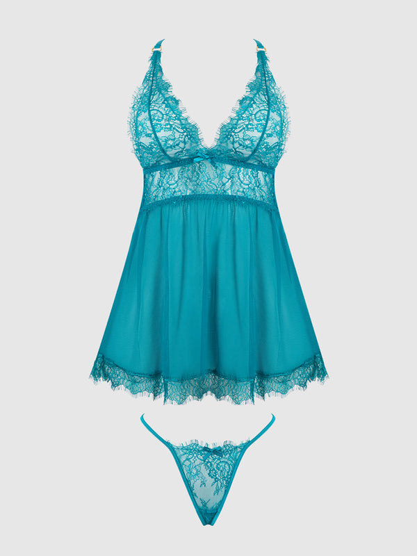 Mila Eyelash Lace & Mesh Babydoll & G-String Set from Love It Curvy
