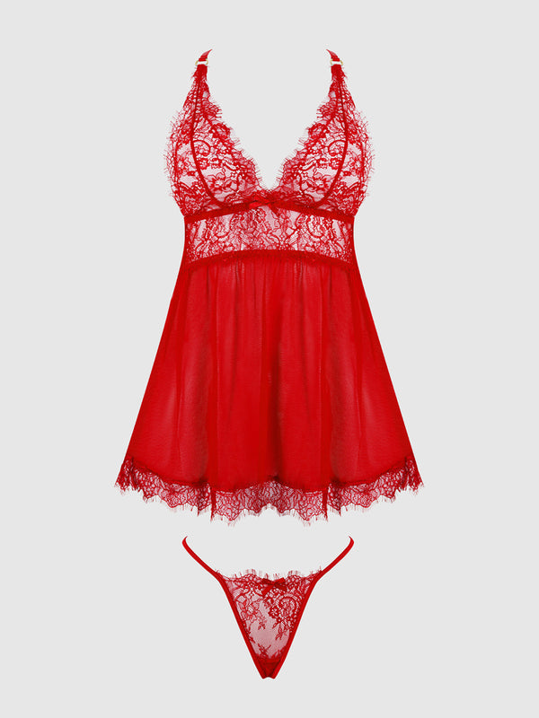 Mila Eyelash Lace & Mesh Babydoll & G-String Set from Love It Curvy