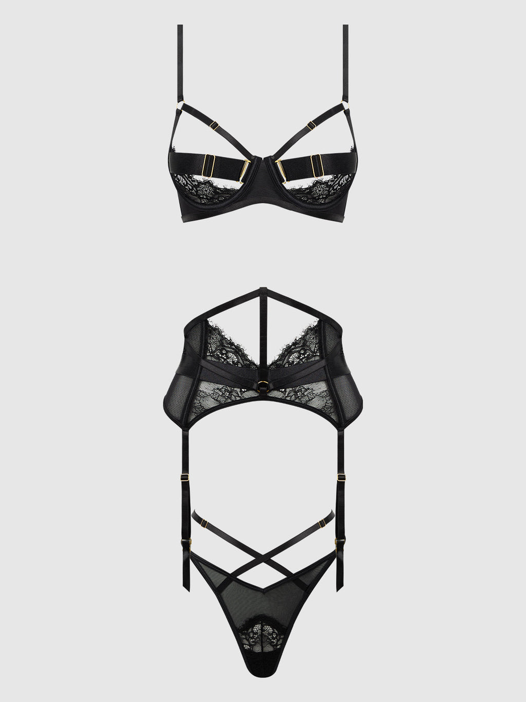 Nadia Lace & Mesh Bra, Garter & G-String Set from Love It Curvy