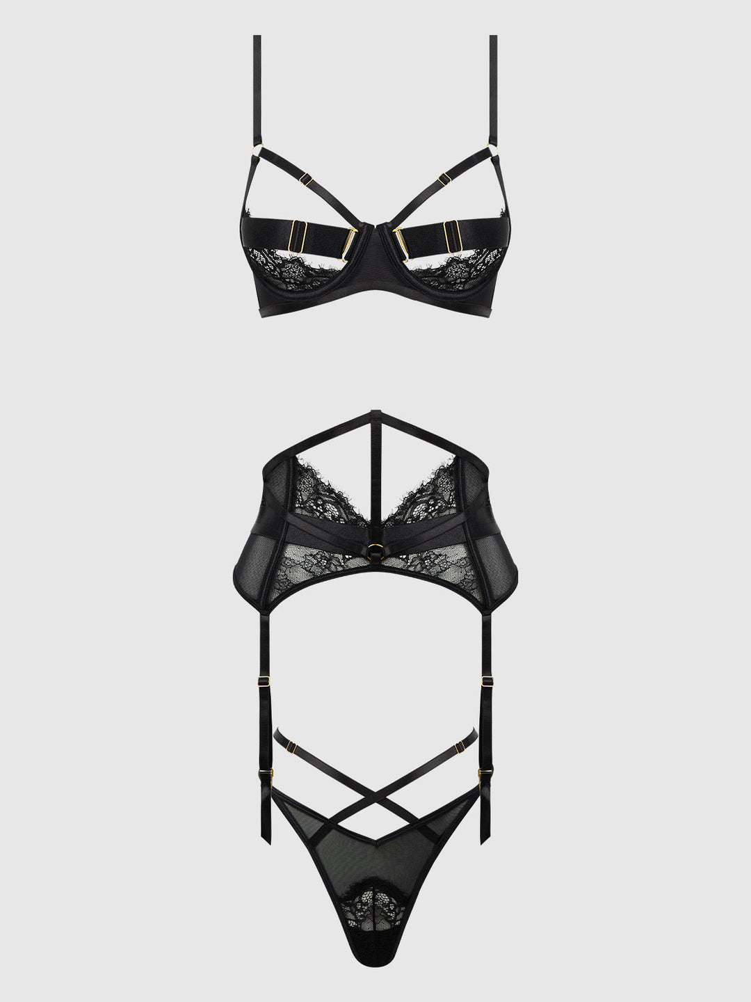 Nadia Lace &amp; Mesh Bra, Garter &amp; G-String Set from Love It Curvy