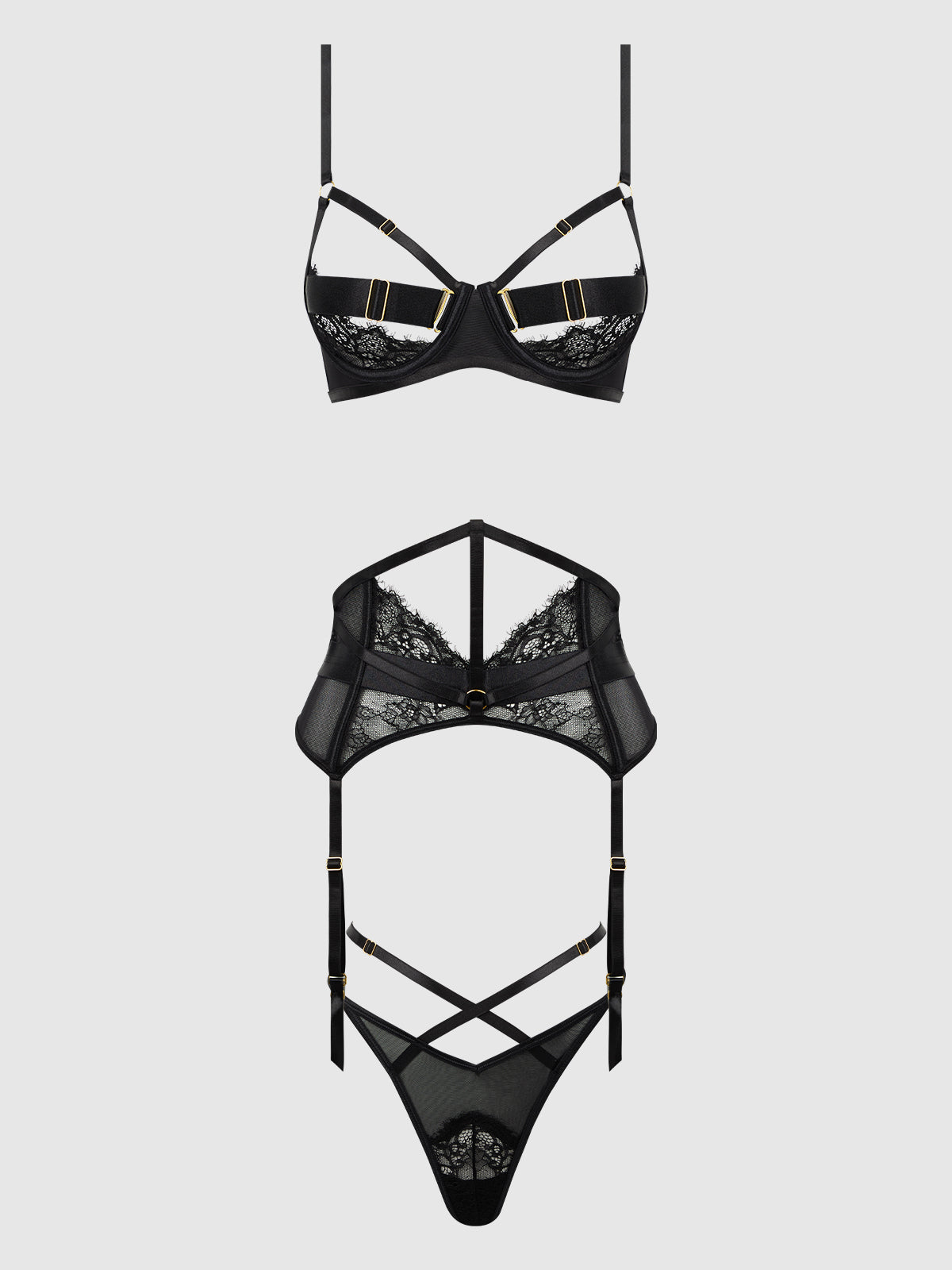 Nadia Lace & Mesh Bra, Garter & G-String Set from Love It Curvy