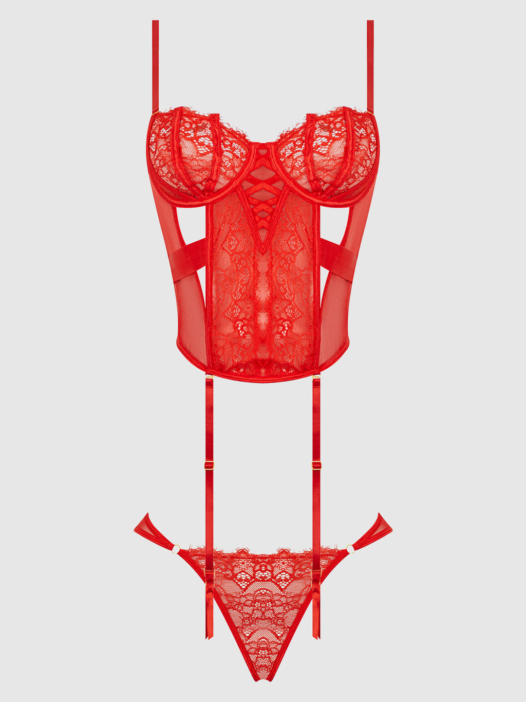 Nadia Lace & Mesh Corset & Backless Hipster Set from Love It Curvy