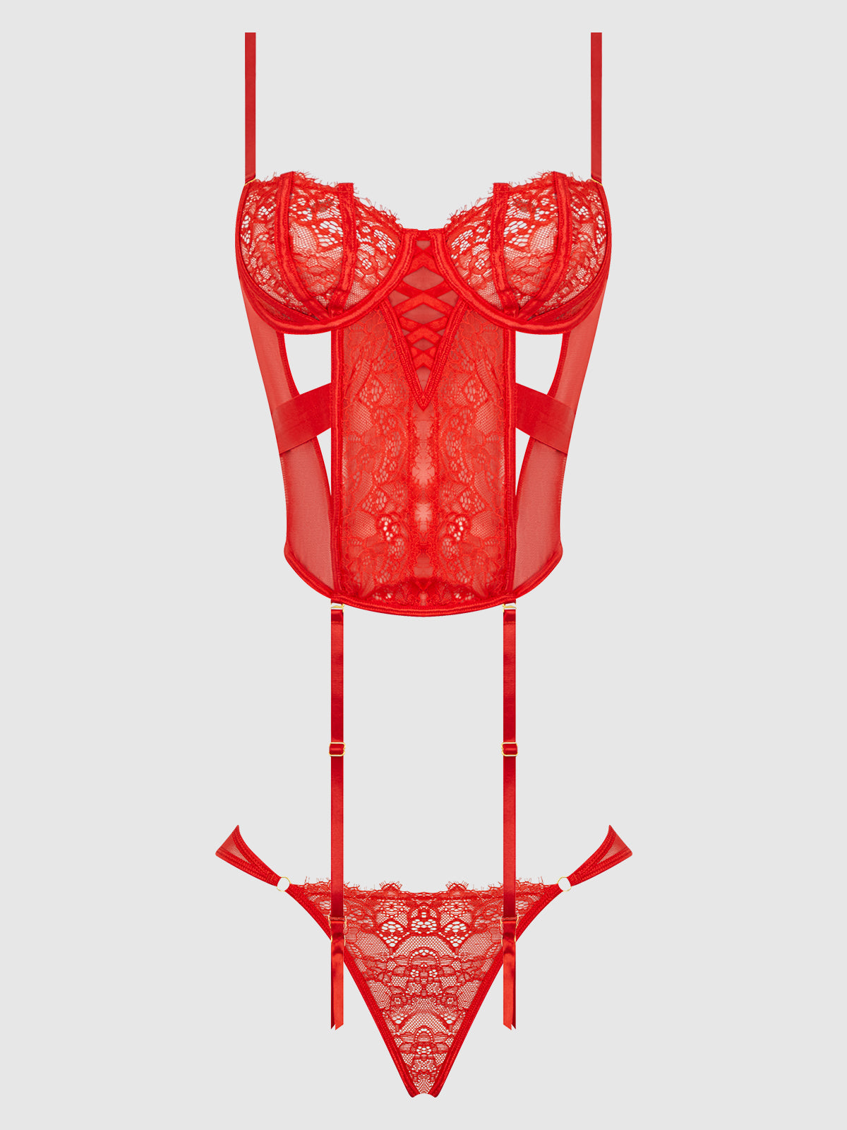 Nadia Lace & Mesh Corset & Backless Hipster Set from Love It Curvy