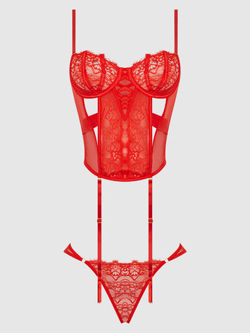 Nadia Lace & Mesh Corset & Backless Hipster Set | Love It Curvy