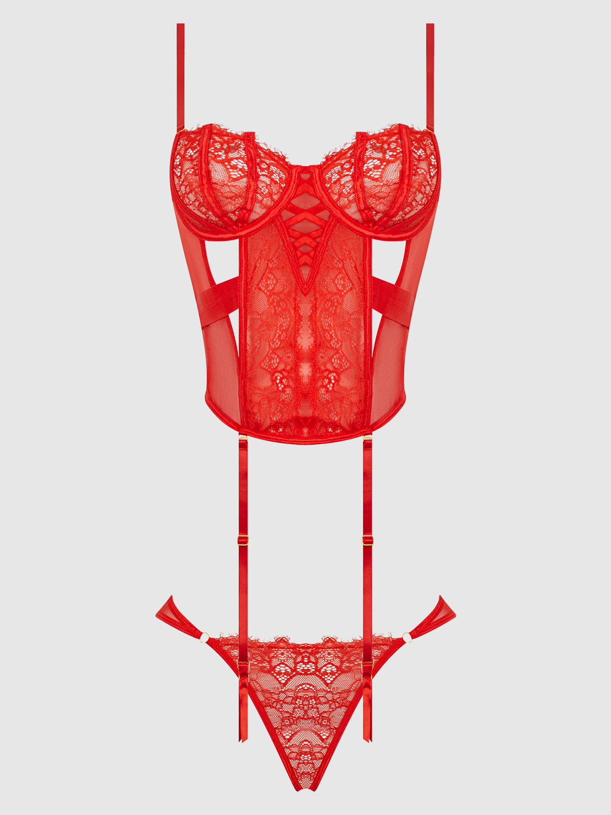 Nadia Lace & Mesh Corset & Backless Hipster Set from Love It Curvy