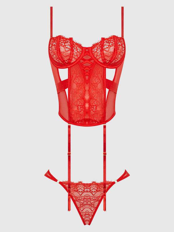 Nadia Lace & Mesh Corset & Backless Hipster Set from Love It Curvy