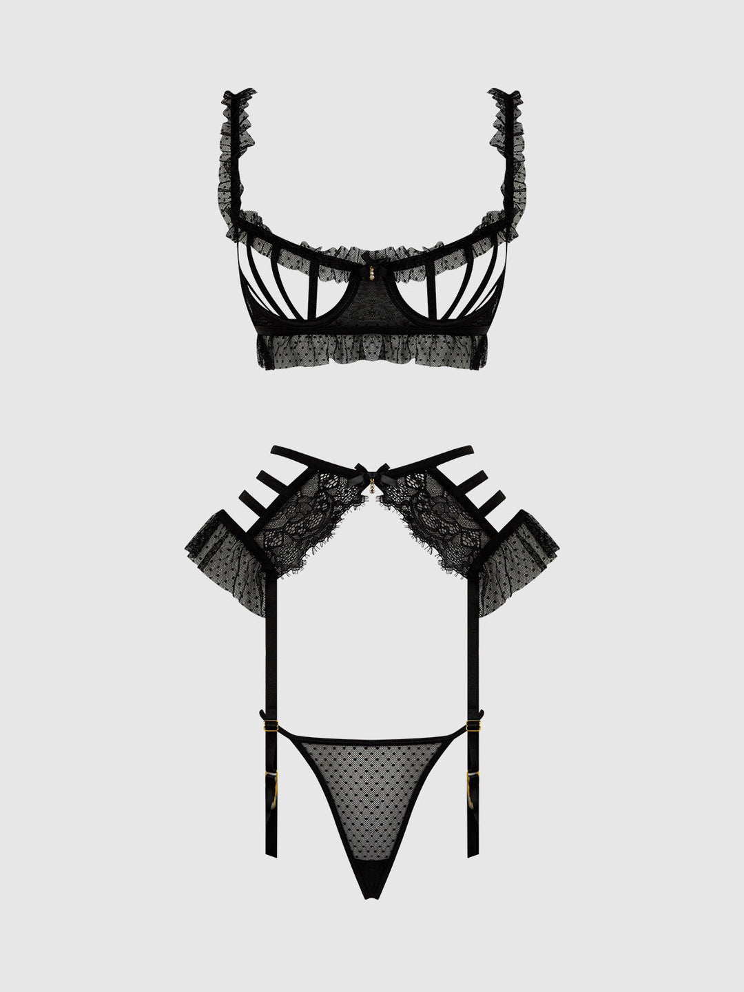 Portia Swiss Dot Cutout Bra, Garter &amp; Thong Set from Love It Curvy