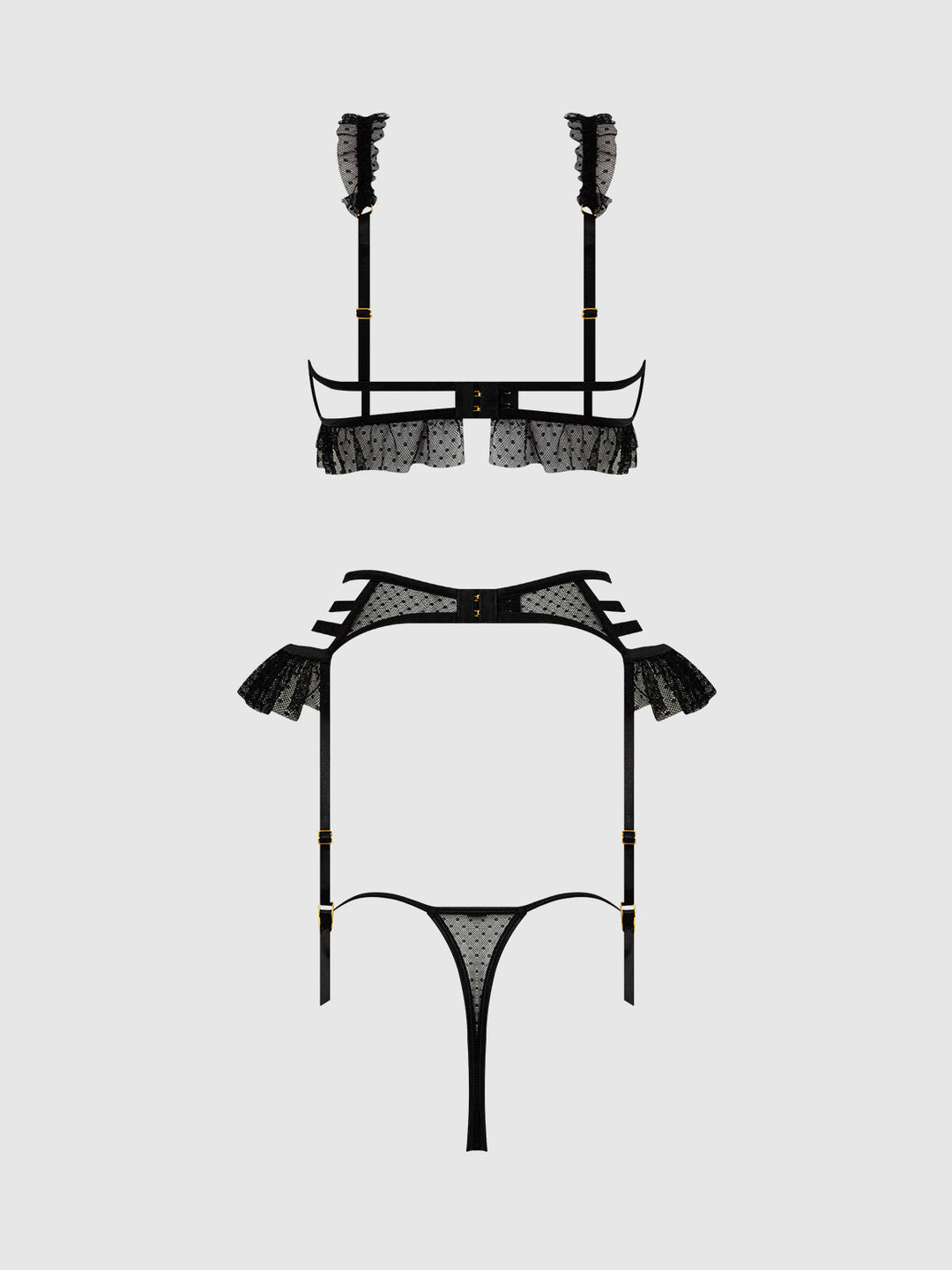 Portia Swiss Dot Cutout Bra, Garter &amp; Thong Set from Love It Curvy