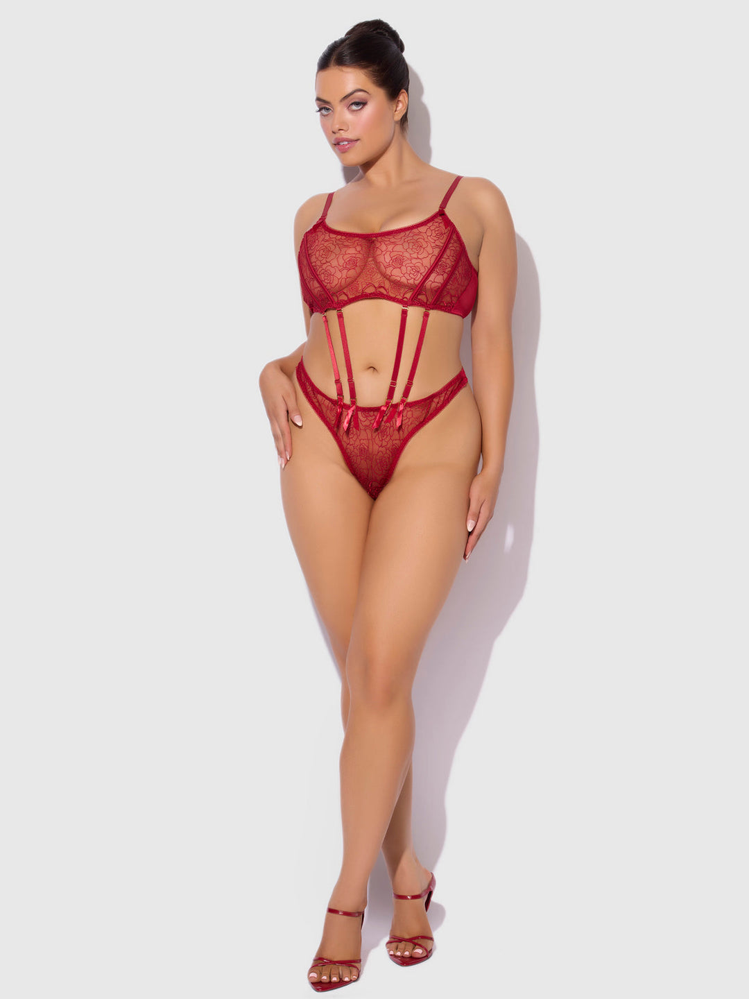 Rosalie Embroidered Lace Garter Bralette &amp; Tanga Set from Love It Curvy