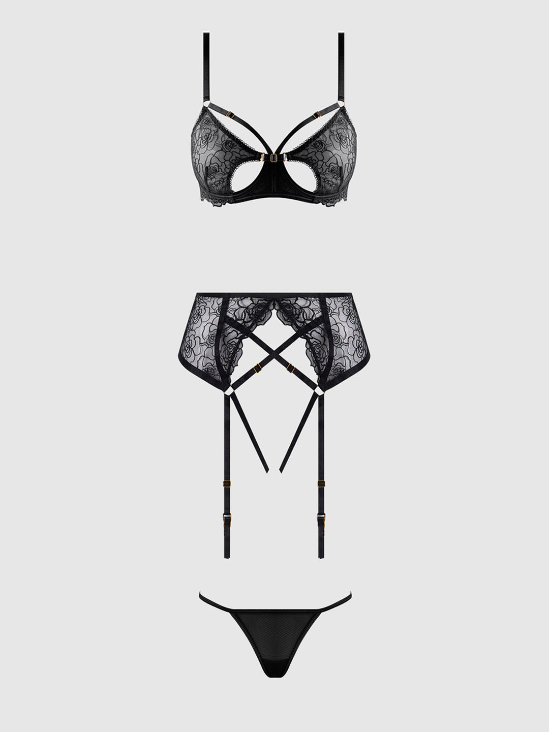 Rosalie Embroidered Lace Open-Cup Bra, Garter &amp; G-String Set from Love It Curvy