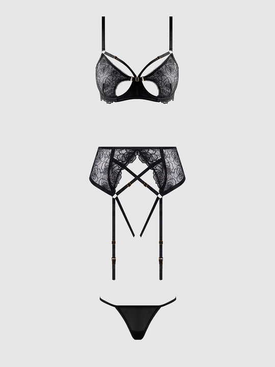 Rosalie Embroidered Lace Open-Cup Bra, Garter & G-String Set from Love It Curvy