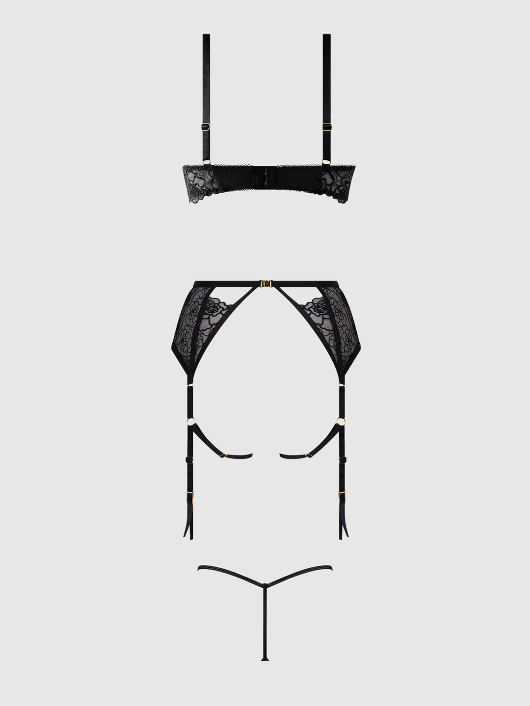 Rosalie Embroidered Lace Open-Cup Bra, Garter &amp; G-String Set from Love It Curvy