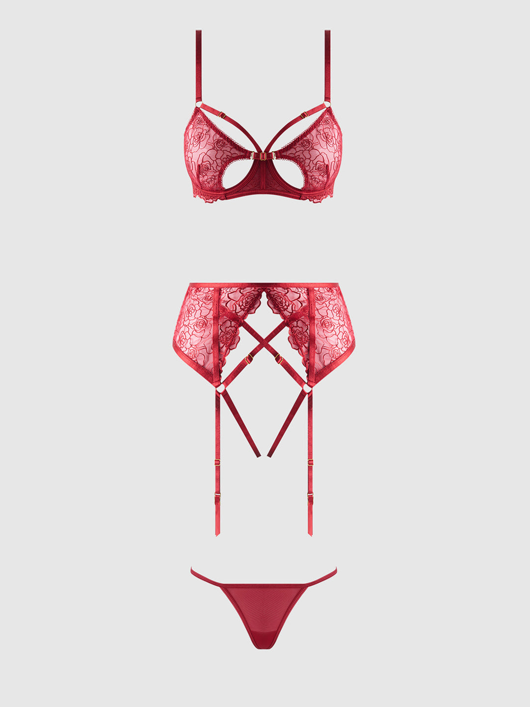 Rosalie Embroidered Lace Open-Cup Bra, Garter &amp; G-String Set from Love It Curvy