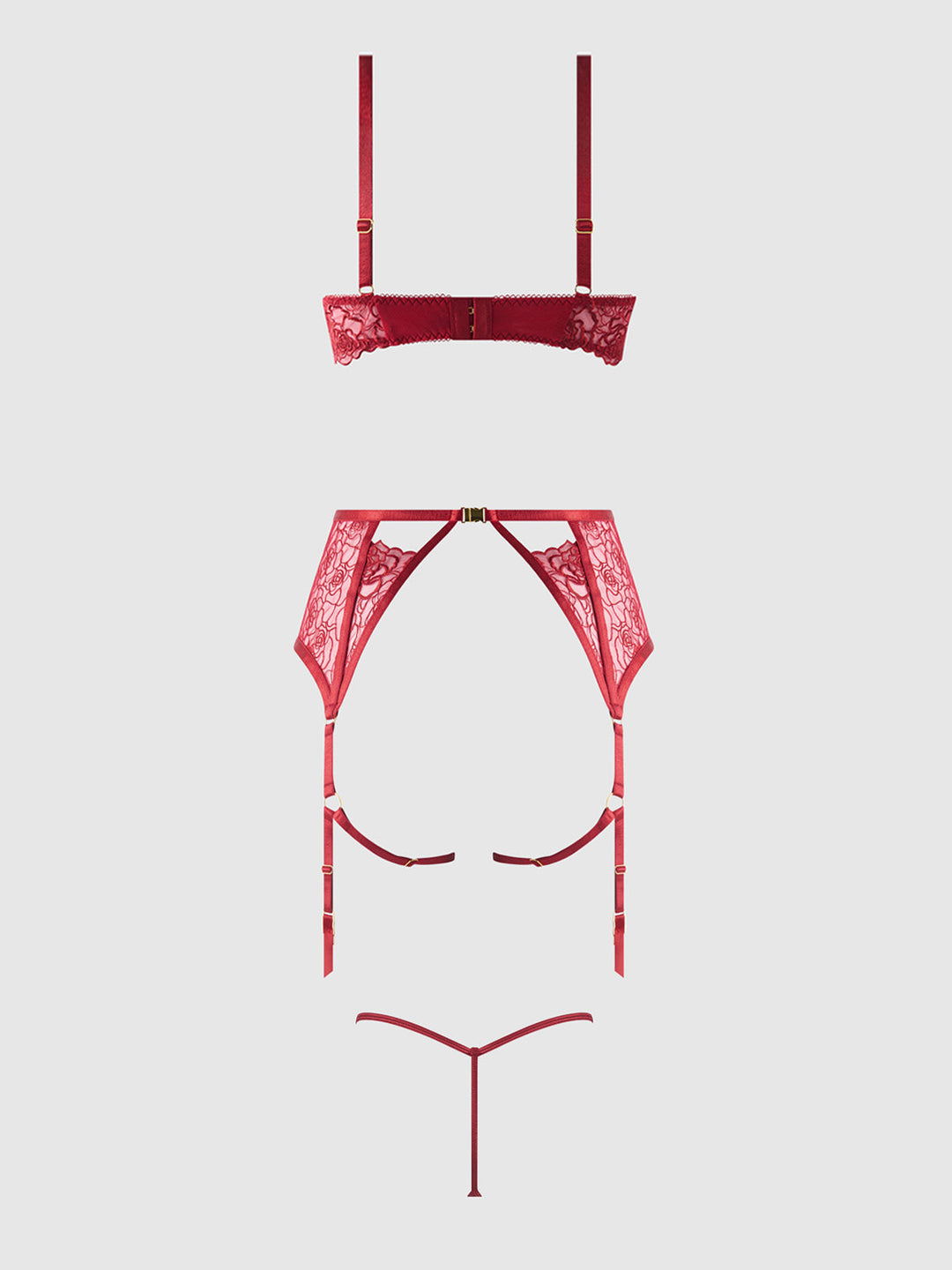 Rosalie Embroidered Lace Open-Cup Bra, Garter &amp; G-String Set from Love It Curvy