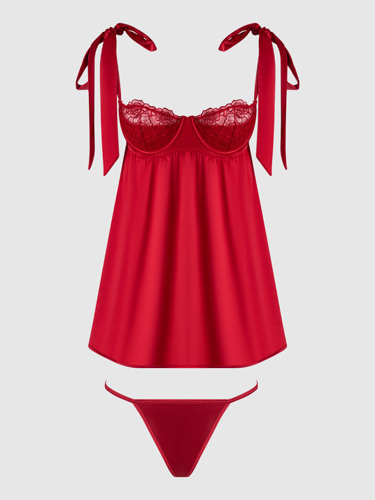 Rosalie Satin & Embroidered Lace Babydoll & G-String Set from Love It Curvy